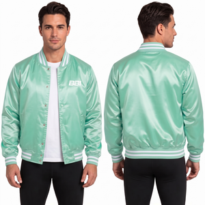 Veste en satin or champagne avec fermeture à boutons-pression, offrant une brillance soyeuse, col et poignets rayés blancs, et possibilité de commande en gros personnalisée (OEM). - Product Image 6