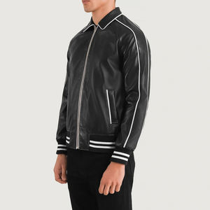 <b>Men's</b> Genuine Leather Varsity <b>Jacket</b> <b>Waterproof</b> Breathable Windproof Stand Collar Embroidered Zipper Solid Custom OEM Service - Product Image 2