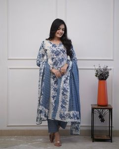 Blue Floral Modest Abaya <b>Dress</b> Set Loose Fit Printed Islamic Women <b>Dress</b> with Shawl <b>for</b> Daily <b>Eid</b> Ramadan - Product Image 2
