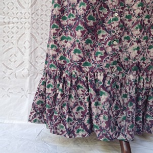 Scrollwork Lattice Block Print Cotton Women's Full Length Gathered <b>Skirt</b> Smocked Waist Ruffle Hem Purple Green <b>Boho</b> Handcrafted - Product Image 4