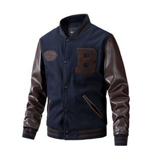 Veste universitaire pour homme, bleu marine, manches en cuir PU, broderie lettre B, col rabattu, longueur standard, style preppy - Product Image 1