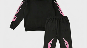 Conjunto de Sudadera con Capucha y Pantalones Largos Acampanados de Chándal para Mujer, Diseño Calavera y Llama, Negro y Rosa, Estilo Urbano, Transpirable, Poliéster, Otoño - Product Image 5