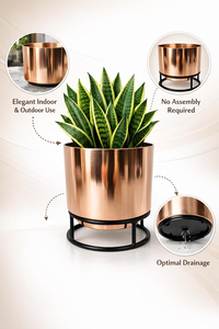 Pot de fleurs en métal finition cuivre avec support, pot rond décoratif pour plantes d'intérieur, pour la maison et le bureau, pot à fleurs élégant pour le salon - Product Image 4