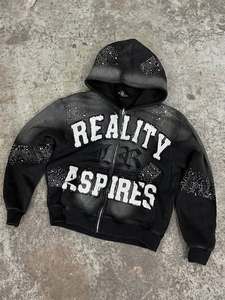 Sweat à capuche streetwear vintage pour homme, épais, avec fermeture éclair, appliqué en strass personnalisé et patch brodé - Product Image 3