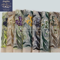 Tissu en tulle brodé de perles et de sequins à motif floral végétal, avec bordure, pour robes de soirée