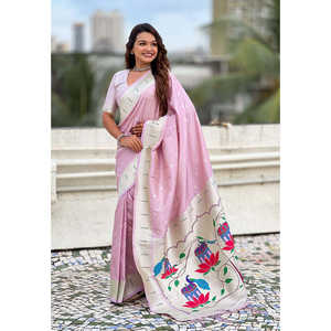 Sari de Seda Paithani Elite Weaves Lavender Pastel Peacock Lotus con Tejido Zari 650g, Ropa de Asia y las Islas del Pacífico - Product Image 6