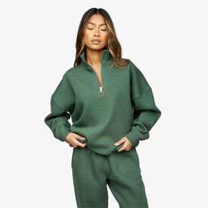 Womens Quarter Zip Fleece Sweatshirt Slouchy Drop Shoulder Plain Forest Green Pullover - Product Image 1