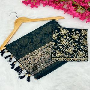 Sari VASTRA COTTAGE Premium de Georgette con Elegante Motivo de Hojas y Blusa Bordada con Detalles en Foil, Sari Étnico para Fiestas - Product Image 3