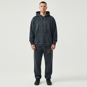 Custom <b>Mens</b> Hooded <b>Tracksuit</b> Solid <b>Green</b> Cotton Fleece Sweatshirt and Pants Set Casual Streetwear Full Length Drawstring Closure - Product Image 2
