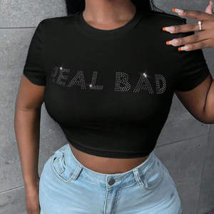 Camiseta Corta de Mujer Estilo Y2K con Pedrería, Ajustada, de Manga Corta, de Algodón, Informal, con Estampado Gráfico Brillante, para Verano - Product Image 4