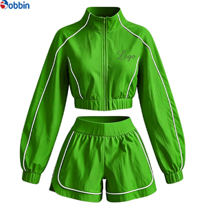 Conjuntos Deportivos Cortos de Verano Estilo Hip Hop para Mujer, 2 Piezas, Chaqueta con Cremallera y Pantalones Cortos, 100% Algodón, Transpirable, de Secado Rápido, Ecológico, Mangas Largas - Product Image 3