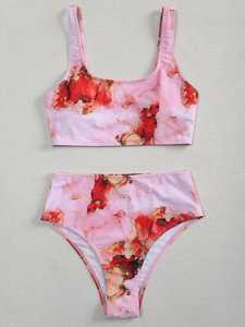 Conjunto de bikini con estampado floral para mujer, top tipo bandeau, parte inferior de cintura alta, traje de baño elástico - Product Image 1