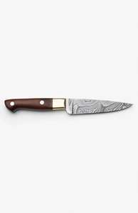 Couteau de cuisine utilitaire artisanal en acier Damas avec bolster en laiton et manche en bois, outil à éplucher - Product Image 1