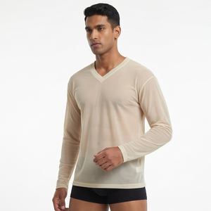 T-shirt en maille transparente avec logo personnalisé, t-shirt léger à séchage rapide pour homme, col en V, manches longues, 100% polyester, t-shirt en maille transparente - Product Image 2