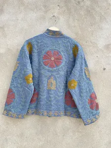 Women Blue Cotton Hand Embroidered Boho <b>Jacket</b> Floral Kashmiri Suzani Style Ethnic <b>Short</b> Coat Outerwear - Product Image 4