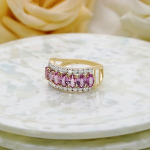 Bague en or jaune 14 carats avec saphir rose et diamants, vente en gros |   Bague de style éternité en saphir rose, bijoux fins pour femmes, cadeau de fête - Product Image 2