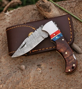 Cuchillo de Acero de Damasco con Punta Caída, Grado Industrial, Mango de Madera, Hoja Recta, Cuchillo Plegable de Combate, 6.5" de Longitud Total - Product Image 1