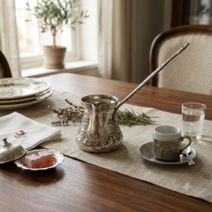 Cafetera Turca Plateada Grabada con Motivo Otomano, Cezve, Ibrik Árabe, Briki Griega, Calentador de Leche para Estufa con Asa Metálica Plana, OEMs - Product Image 4