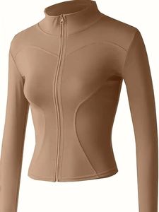 Women Full Zip Seamless Windproof <b>Yoga</b> <b>Jacket</b> Skinny Fit Stand Solid Color Front Long Sleeve Thumb Holes 220g Activewear Gym - Product Image 3