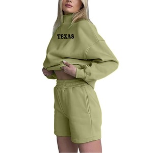 Soft Custom Women <b>Maroon</b> Fleece 2-Piece Shorts Set Turtleneck Crop <b>Top</b> With Pocket Casual Loose Fit Spring Summer Wear - Product Image 5