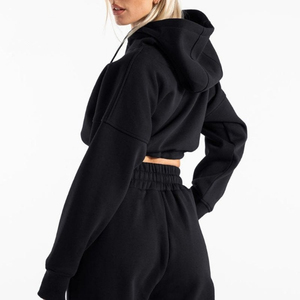 Women's Cropped Hoodie Oversized Solid <b>Black</b> Cotton Sweatshirt Hooded <b>Long</b> Sleeve Autumn Wear Breathable Knitted <b>Top</b> - Product Image 6