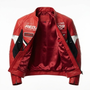 เสื้อแจ็คเก็ตหนังสีแดงสดดำแบบ Colorblock สำหรับผู้ชาย รุ่น Redline Zero Nine สไตล์นักแข่งรถมอเตอร์ไซค์สุดเท่ - Product Image 5