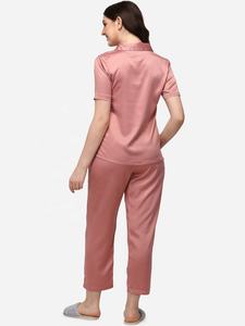 Conjunto de pijama rosa de seda para mujer, ropa de dormir de 2 piezas con estampado de lujo para verano, venta al por mayor - Product Image 4