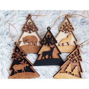 Adornos Rústicos de Madera para Árbol de Navidad, Cortados con Láser, Copos de Nieve, Animales del Bosque, Ciervos, Osos, Alces, Decoración Navideña para el Hogar - Product Image 1