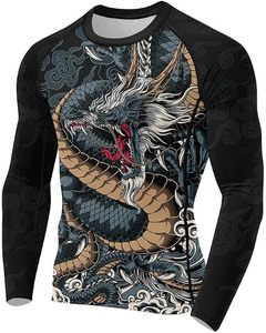 เสื้อรัดรูปแขนยาวสำหรับผู้ชาย พิมพ์ลายเต็มตัว ลายมังกรและเสือ แห้งเร็ว สีดำแดง - Product Image 2