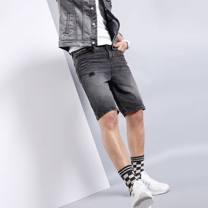 Shorts Bermuda en jean délavé gris foncé pour homme, taille mi-haute, fermeture éclair, style HIGH STREET, poches en coton tissé, logo avant, anti-UV - Product Image 2