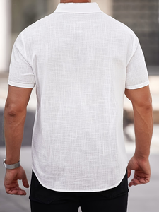 Men's White Short Sleeve Linen Shirt Solid Casual Breathable Summer Woven Fabric Button Down Collar Pocket Design - Product Image 2