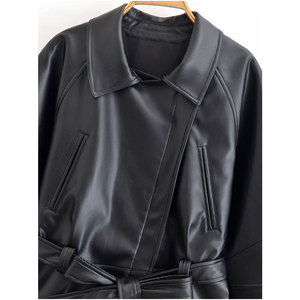 Women's Slim Fit Black PU Leather <b>Bomber</b> <b>Jacket</b> Windproof Turn-Down Collar Zipper Closure Regular Sleeve <b>Vintage</b> Autumn Front - Product Image 3