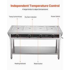 Table de cuisson électrique professionnelle 4 bacs avec contrôle de température indépendant, en acier inoxydable, pour buffet et maintien au chaud - Product Image 3
