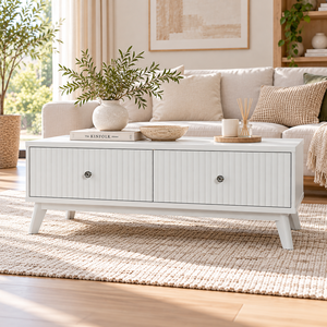Mesa de Centro Minimalista de Madera Blanca con 2 Cajones, Perillas Cromadas y Patas Cónicas para Muebles del Hogar, Venta al Por Mayor OEM ODM - Product Image 1