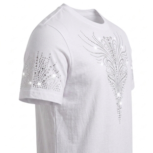 Camiseta Blanca de Manga Corta para Hombre con Diseño de Plumas y Pedrería, Cuello Redondo, Corte Casual, 100% Algodón, Transpirable y de Secado Rápido - Product Image 4