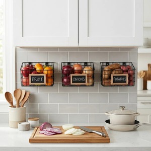 Set Of 3 Wall Hanging Fruit Basket With Slate <b>Label</b> Metal Storage Rack For <b>Kitchen</b> Fruits Vegetables Modern Home Decor Storage - Product Image 6