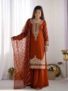 Conjunto de palazzo de seda naranja bordado para mujer, kurta, dupatta, con cuentas, estilo indio pakistaní, para fiestas y bodas. - Product Image 2