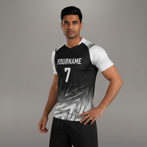 Maillot de football sublimé pour homme 2026, manches courtes, col en V, anti-humidité, imprimé géométrique noir et blanc, vêtement de sport coupe classique - Product Image 3