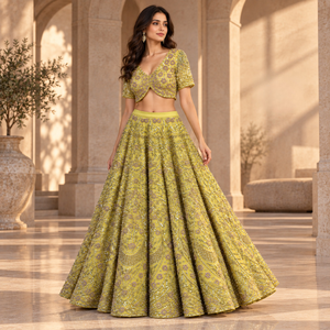 Conjunto de Lehenga Floral Adornado con Blusa Corta de Manga Corta y Cuello en V |   Conjunto de Falda Larga Amarillo Verde con Vuelo Completo para Fiesta - Product Image 3