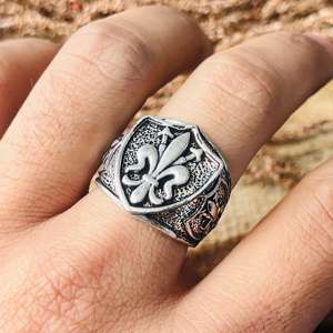 Anillo Fleur De Lis, Anillo de Sello Gótico con Escudo para Hombre, Plata Oxidada, Latón, Joyería de Moda, Venta al por Mayor - Product Image 3
