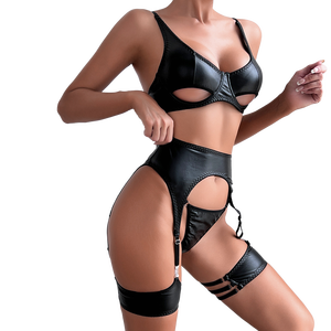 Ensemble de Lingerie Personnalisé pour Femme en Similicuir, Soutien-gorge à Armatures, Porte-jarretelles, Culotte et Bandes de Cuisse, Fournisseur en Gros OEM ODM - Product Image 2