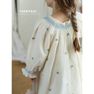 YOEHYAUL ZC0042 Gaun Bordir Bunga 100% Katun Gaun Bordir Bunga Busana Musim Semi untuk Anak Perempuan 7-8 Tahun untuk Anak-anak - Product Image 2