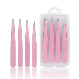 Juego de 4 Pinzas para Cejas de Acero Inoxidable con Punta Inclinada y Recubrimiento en Polvo Rosa, Herramienta de Belleza Reutilizable Personalizada OEM - Product Image 1
