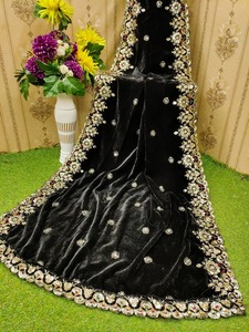Luxury Black Velvet Bridal Dupatta with Heavy Gold Zari and Sequin Embroidery Weddings Shawl for Women Traditional Festive Wears - Product Image 1