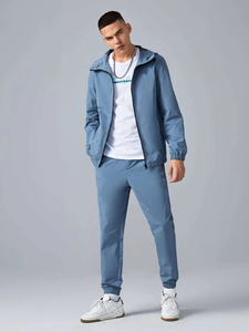 Ensemble survêtement coupe-vent bleu personnalisé 2 pièces (veste et pantalon) couleur unie pour homme - Product Image 5