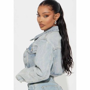Women's Cropped Denim <b>Jacket</b> Light Blue Full <b>Sleeve</b> Button Front Trucker Style Spring Wear Plus Size <b>Short</b> Length - Product Image 3