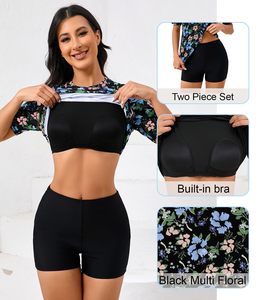 Traje de Baño de 2 Piezas para Mujer, Bikini Estampado de Manga Corta con Protección Solar, Secado Rápido y Antibacteriano - Product Image 3
