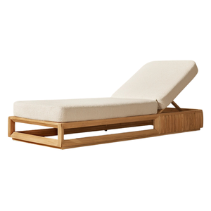 Chaise longue d'extérieur en teck naturel avec dossier réglable, structure ouverte minimaliste et base à détails côtelés, mobilier de patio pour bord de piscine - Product Image 1
