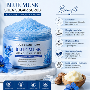 Blue Musk Shea Sugar <b>Body</b> <b>Scrub</b> Deep Exfoliating Moisturizing Skin Brightening Organic <b>Body</b> Polish with Natural Sugar Wholesale - Product Image 3