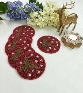 Handmade Bohemian Round Christmas Table Mats Red Beaded Reindeer Design Eco-Friendly Fabric <b>Coasters</b> <b>Set</b> <b>of</b> <b>6</b> Holiday <b>Placemats</b> - Product Image 4